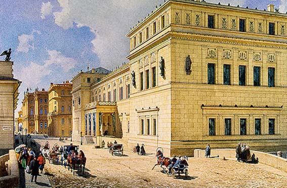 Luigi Premazzi,
Le Nouvel Ermitage vu de la rue Millionnaya, 1861.
Aquarelle, H. 32,2 cm., L. 43,8 cm.
Muse de l'Ermitage, Saint-Ptersbourg.