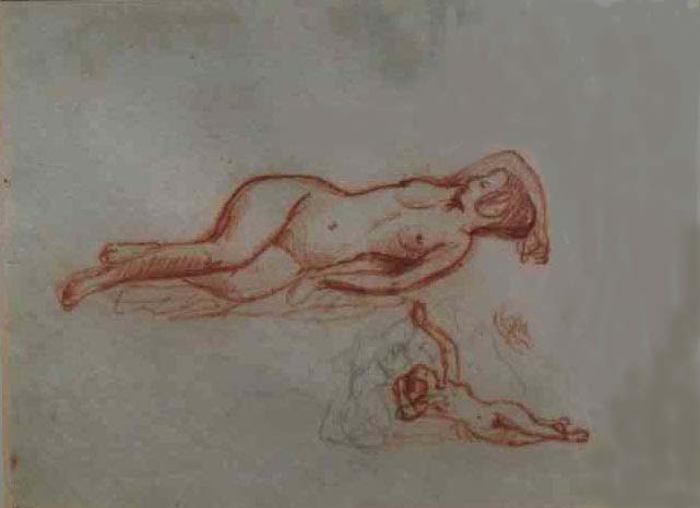 James Pradier (attribué à),
Femme couchée et Satyre et Bacchante.
Sanguine et mine de plomb, H. 20 cm., L. 26.5 cm.
Coll. particulière.
