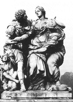 Pierre Le Pautre et J.-B. Théodon,
Arria et Poetus, ou
La mort de Lucrèce (1691).
Groupe en marbre, H. 2,65 m.
Jardin des Tuileries.
Photo Giraudon.