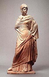 La Sophocléenne.
Statuette en terre cuite provenant
de Tanagra, 330 av. J.-C.